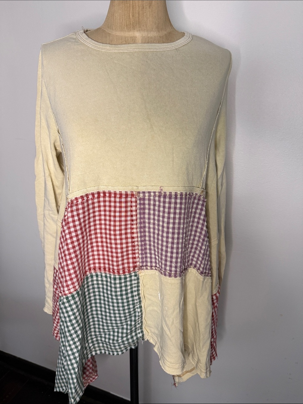 Boho Patchwork Gingham Long-Sleeve Tunic Top - Cream